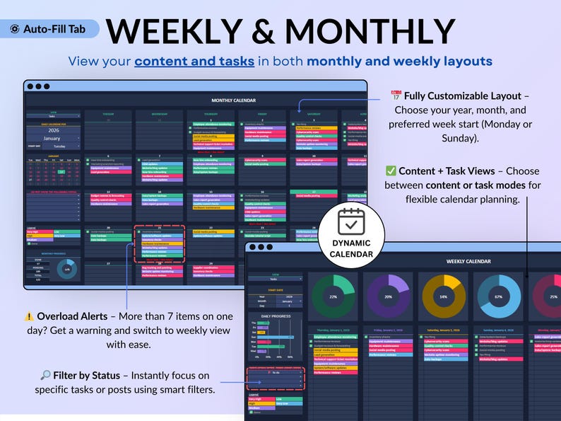 Dark mode social media planner spreadsheet featuring a monthly and weekly content calendar for digital creators. All-in-one content planner with brand identity setup, goals, dashboards, content planning, post scheduling, task tracking, hashtag strategy, influencer collaborations, and performance analytics. Designed for Instagram and TikTok content planning in Google Sheets and Excel.