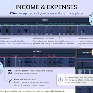 Airbnb Tracker spreadsheet for vacation rentals and short-term rental property management in dark mode. Track income, expenses, profits, occupancy, ADR, and cancellations for up to 50 properties. Includes landlord spreadsheet tools, rental bookkeeping, rental ledger, booking calendar, property dashboard, unit stats, and monthly, annual, 5-year, comparison, and custom dashboards. Ideal for multi property owners and real estate finance tracking.