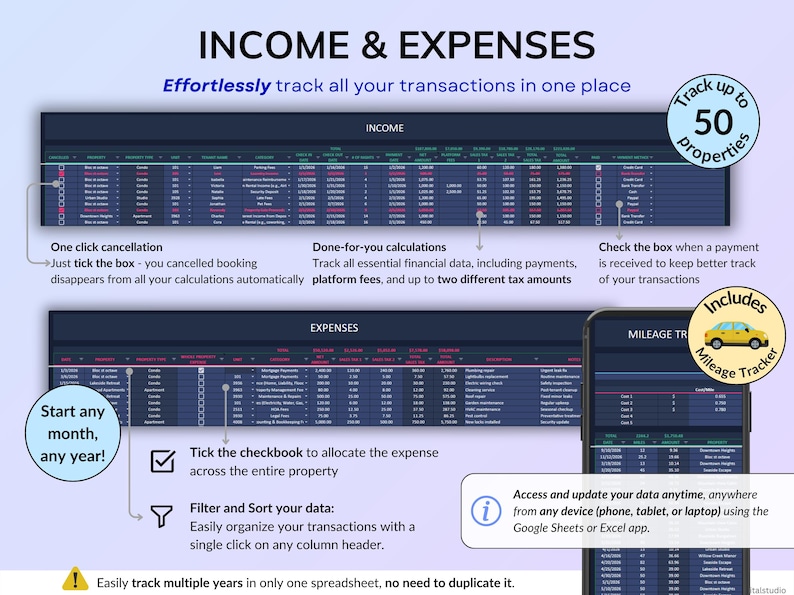 Airbnb Tracker spreadsheet for vacation rentals and short-term rental property management in dark mode. Track income, expenses, profits, occupancy, ADR, and cancellations for up to 50 properties. Includes landlord spreadsheet tools, rental bookkeeping, rental ledger, booking calendar, property dashboard, unit stats, and monthly, annual, 5-year, comparison, and custom dashboards. Ideal for multi property owners and real estate finance tracking.