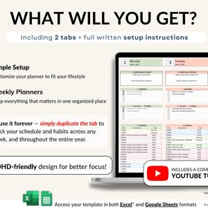 Weekly planner spreadsheet for Excel and Google Sheets to plan your week, organize tasks, track habits, and manage your schedule. Includes weekly time blocking, daily task tracker, to-do list, and productivity planner to stay focused and organized. Perfect for ADHD routines, planning deadlines, building habits, and creating productive weekly schedules in an easy editable planner template.