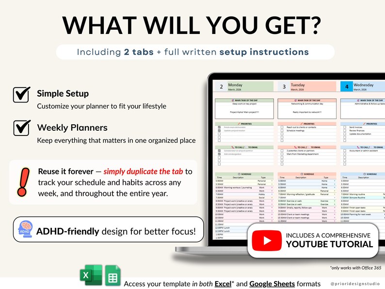 Weekly planner spreadsheet for Excel and Google Sheets to plan your week, organize tasks, track habits, and manage your schedule. Includes weekly time blocking, daily task tracker, to-do list, and productivity planner to stay focused and organized. Perfect for ADHD routines, planning deadlines, building habits, and creating productive weekly schedules in an easy editable planner template.