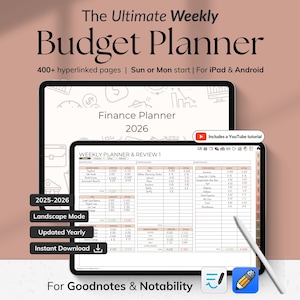 May include: Digital budget planner for iPad and Android. The image shows two tablets displaying a finance planner for 2026. The planner includes over 400 hyperlinked pages, with options for Sun or Mon start. Features include landscape mode and yearly updates.