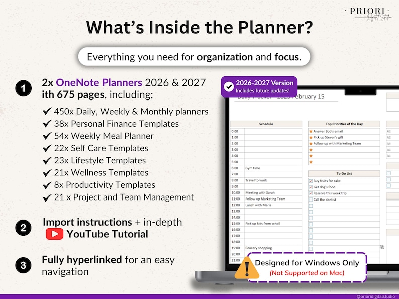 OneNote Planner 2026 2027 Digital OneNote Templates Hyperlinked Planner Daily Weekly Planner Organization Planner Professional OneNote 2026 2027