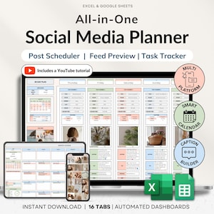 Planerare för sociala medier Innehållskalkylblad Månadskalender för digitala kreatörer Google Sheets Excel-mall Instagram TikTok-hanterare