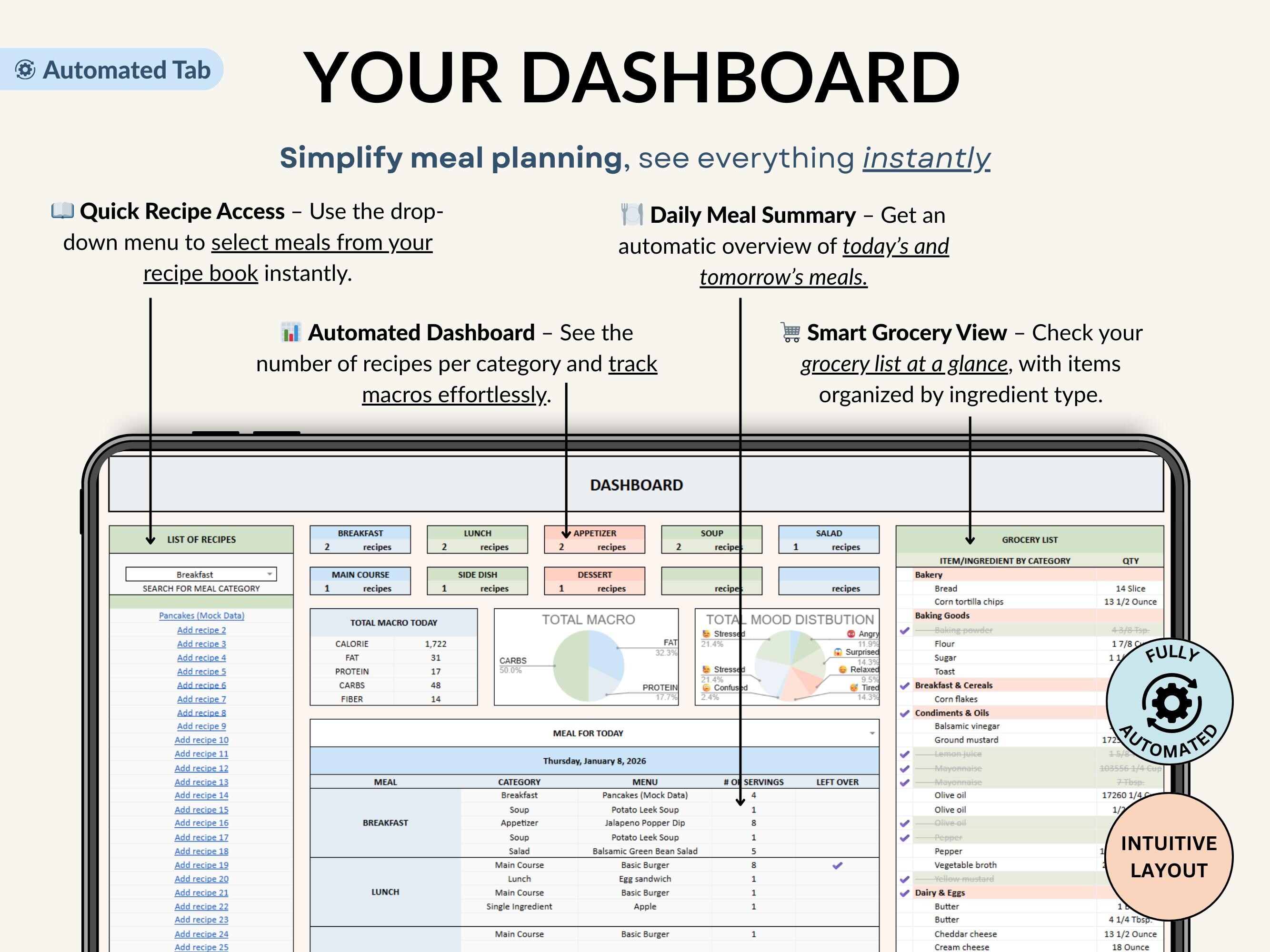 Weekly Meal Planner Google Sheets Spreadsheet Automatic Grocery List ...