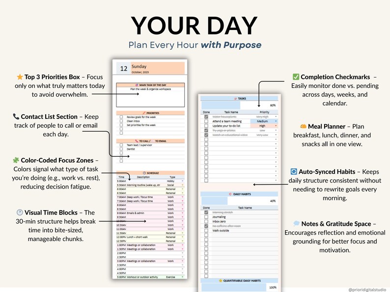 Weekly planner spreadsheet for Excel and Google Sheets to plan your week, organize tasks, track habits, and manage your schedule. Includes weekly time blocking, daily task tracker, to-do list, and productivity planner to stay focused and organized. Perfect for ADHD routines, planning deadlines, building habits, and creating productive weekly schedules in an easy editable planner template.