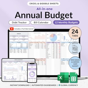 May include: An all-in-one annual budget template for Excel and Google Sheets, shown on a laptop, tablet, and phone. Features include debt tracking, a bill calendar, and 12 monthly budgets. The image also shows 24 tabs, credit card features, and zero-based budgeting.