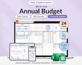 Modello di budget annuale Excel e Fogli Google Planner di budget mensile Foglio di calcolo del budget annuale Planner finanziario familiare Tracker dei risparmi