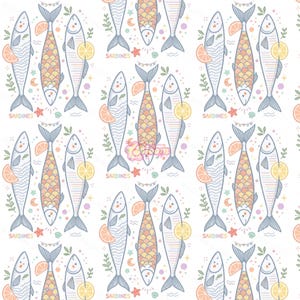 Pode incluir: Um padrão repetitivo sobre fundo branco com ilustrações de sardinhas, fatias de limão e pequenos elementos decorativos como estrelas e folhas. As sardinhas são representadas com linhas azuis ou escamas coloridas, incluindo a palavra SARDINES.