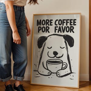 More Coffee Por Favor Print | Cute Dog Wall Art, Funny Kitchen Decor, Coffee Bar Printable, Minimalist Line Art, Instant Digital Download