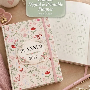 2027 Planner Editable in Canva | A4 Printable Planner 2027 | 30 Pages Floral Planner with Stickers | Digital & Printable
