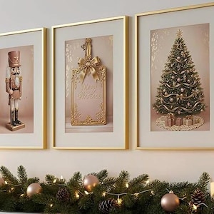 Blush Pink & Gold Christmas Art Prints Set of 3 | Vintage Nutcracker, Elegant Christmas Tree, Merry Christmas Sign | Printable Holiday Decor