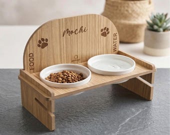 Comedero personalizado con el nombre de la mascota, cuenco para mascotas de altura ajustable, muebles modernos para gatos.