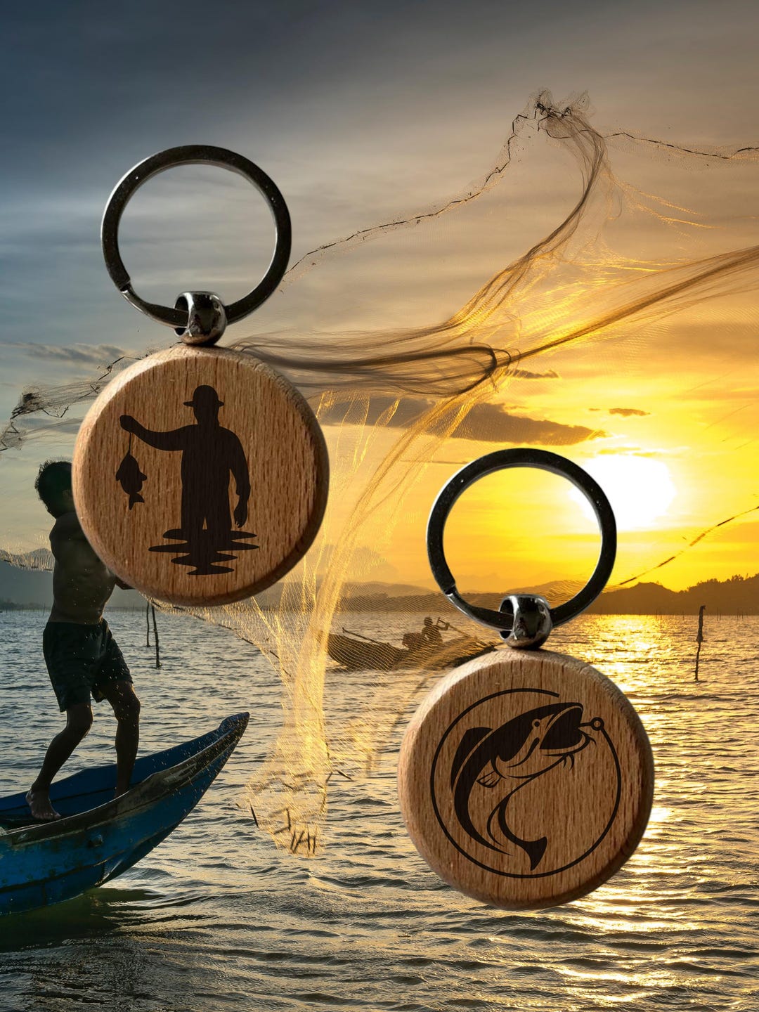Fish Keyring Fishing Wooden Keychain, Shark & Fisherman Design, Double Sided Wood ...