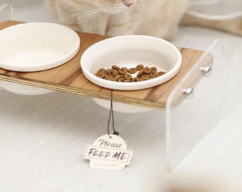 Elevated Cat Feeder, Wooden & Acrylic Cat Bowl Stand