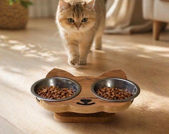 Wooden Cat Bowl Stand, Elevated Dog Feeder, Cat Feeding Station, Modern Pet Lover Decor