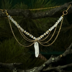 Raw Quartz Crystal Choker, Ethereal Forest Witch Jewelry, Gold Elven Point Necklace