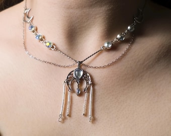 Moonstone Gothic Necklace, Ethereal Celestial Pendant, Fairycore Crystal Jewelry, Witchy Moon Choker