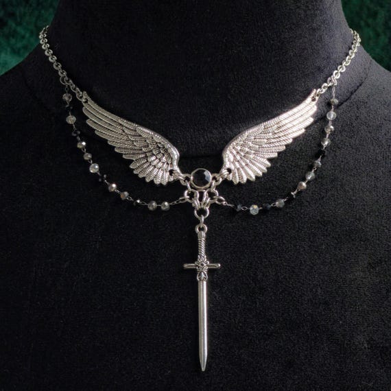 Guardian Angel Wings Necklace - Mythical Sword Charm, Mystical Warrior Accessory