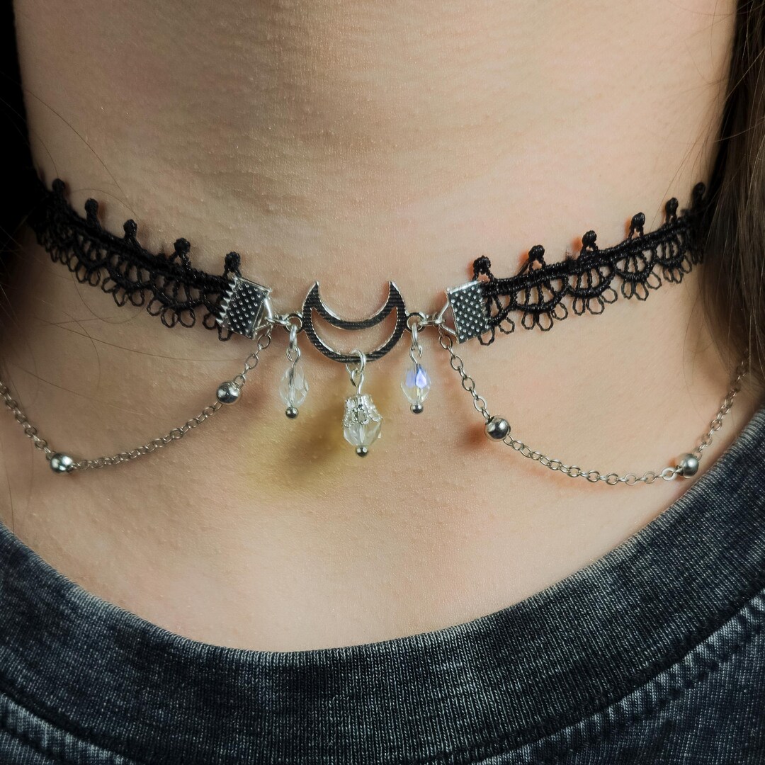 Black Lace Moon Choker Necklace, Gothic Crescent Pendant, Witchy ...