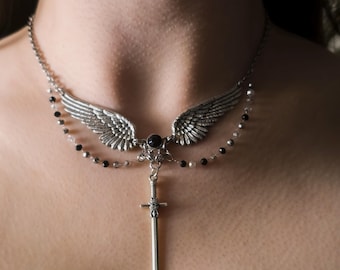 Gothic Angel Wings Necklace, Black Acrylic Eye & Sword Pendant, Dark Fantasy Jewelry