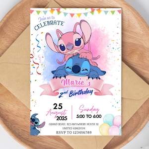 Editable Stitch & Angel Birthday Invitation: Digital Party Invite (PDF Download)