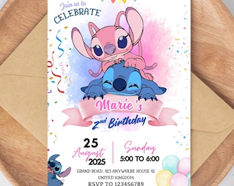 Invitación de cumpleaños de Stitch y Ángel, invitación de cumpleaños de Stitch editable, invitación digital para fiesta, invitación imprimible para fiesta de cumpleaños de Stitch