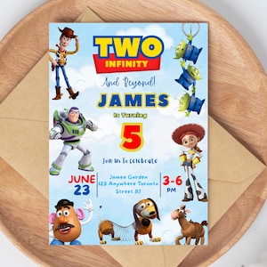 May include: A colorful birthday invitation featuring characters from the movie "Toy Story." The invitation includes the text "TWO INFINITY And Beyond! JAMES Is Turning 5." The invitation is on a wooden plate with a brown envelope.