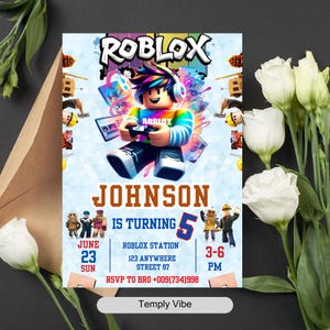 Peut inclure: Une invitation d'anniversaire avec le logo et le personnage de Roblox. L'invitation comprend le nom "Johnson", l'&acirc;ge "5", la date, l'heure et les informations RSVP. Le design est color&eacute; avec un th&egrave;me de jeu.