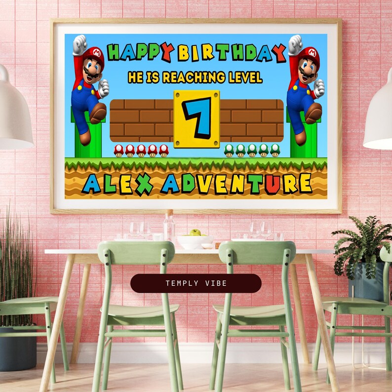 May include: A framed birthday banner featuring a Super Mario theme. The banner reads "HAPPY BIRTHDAY" and "ALEX ADVENTURE" with a level 7 graphic. Mario characters are on either side of the banner, with a green and blue background.