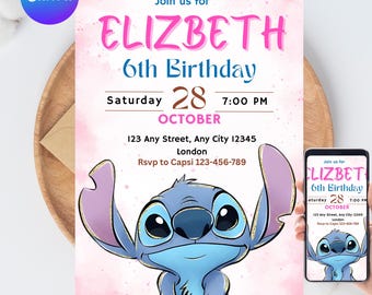 Stitch and Angel Birthday Invitation, Editable Stitch Birthday Invitation, Digital Party Invite, Stitch Birthday Party Invitation Printable