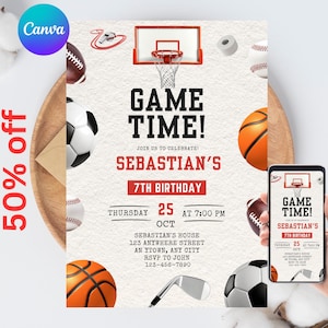 Könnte beinhalten: Eine Geburtstagseinladung mit Sport-Thema. Der Text lautet "Game Time!" und enthält einen Basketballkorb, Football, Fußball, Baseball und Golfschläger. Die Einladung ist für Sebastians 7. Geburtstag.