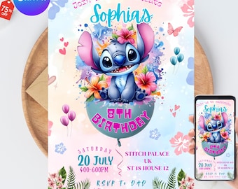Stitch Birthday Party Invitation Template | Editable Cartoon Bday Evite & Fun Canva Design for Kids Party, Instant Download