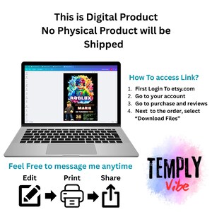 Pu&ograve; includere: Un laptop mostra una pubblicit&agrave; di un prodotto digitale. La pubblicit&agrave; presenta un invito di compleanno a tema Roblox. Il testo sull'immagine include "This is Digital Product, No Physical Product will be Shipped." Sono incluse anche le istruzioni su come accedere al link.