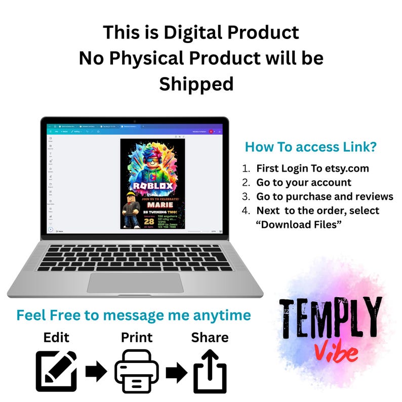 Pu&ograve; includere: Un laptop mostra una pubblicit&agrave; di un prodotto digitale. La pubblicit&agrave; presenta un invito di compleanno a tema Roblox. Il testo sull'immagine include "This is Digital Product, No Physical Product will be Shipped." Sono incluse anche le istruzioni su come accedere al link.