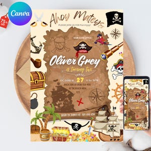 May include: A pirate-themed birthday invitation with the text "Ahoy Mateys" and "Oliver Grey is turning two." The design includes pirate ship, treasure chest, skull and crossbones, and a treasure map. The invitation is on a wooden tray.