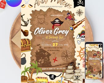 May include: A pirate-themed birthday invitation with the text "Ahoy Mateys" and "Oliver Grey is turning two." The design includes pirate ship, treasure chest, skull and crossbones, and a treasure map. The invitation is on a wooden tray.