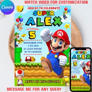 Super Mario Birthday Invitation | Editable Canva Template | Printable Digital Download | Mario Party Invite for Kids Boys Girls | Colorful