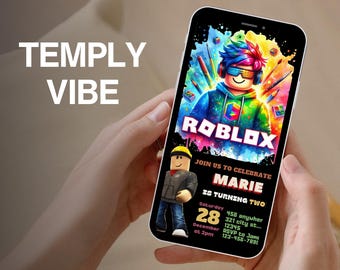 Invitación de Roblox, fiesta de juegos, plantilla de invitación de cumpleaños para chicos de Roblox, cumpleaños de juegos, Roblox para niños, plantilla editable, Canva