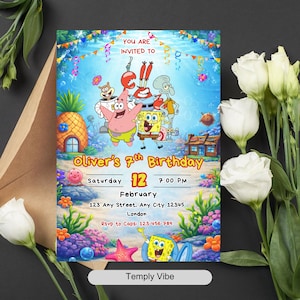 May include: A colorful birthday invitation featuring cartoon characters from a popular animated series. The invitation includes the text "You are invited to Oliver's 7th Birthday" with event details. The design incorporates an underwater theme with vibrant colors.