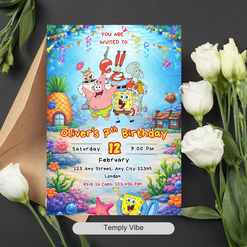 May include: A colorful birthday invitation featuring cartoon characters from a popular animated series. The invitation includes the text "You are invited to Oliver's 7th Birthday" with event details. The design incorporates an underwater theme with vibrant colors.