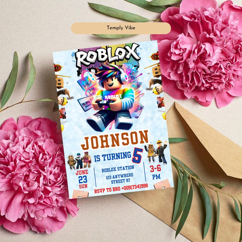 Peut inclure: Une invitation d'anniversaire sur le th&egrave;me de Roblox avec un personnage Roblox tenant une manette de jeu. L'invitation comprend le nom "Johnson", le chiffre "5" et les d&eacute;tails de l'&eacute;v&eacute;nement. Le texte "Temply Vibe" est en haut.