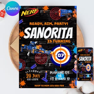May include: Nerf-themed birthday party invitation with a black brick background. The invitation features a blue and orange Nerf gun, a target, and the text "Ready, Aim, Party! Sanorita is Turning." Includes date, time, and RSVP information.