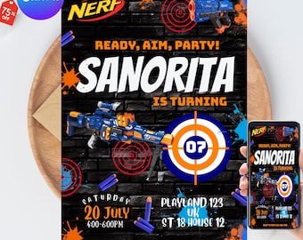 Kids Editable Nerf Birthday Invitation Template, Printable Birthday Nerf Party Invitations, Digital Kids Party Invite Template, Canva
