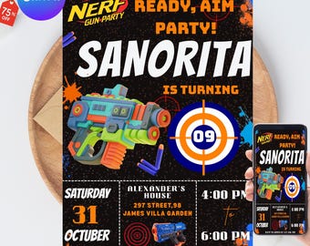 Plantilla de invitación de cumpleaños editable de Nerf para niños, invitaciones imprimibles para fiesta de cumpleaños de Nerf, plantilla digital de invitación para fiesta infantil, Canva
