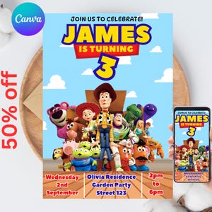 Modèle d'invitation d'anniversaire Toy Story modifiable, faire-part de fête d'anniversaire, toile modifiable d'anniversaire, invitation numérique d'histoire de jouet d'anniversaire