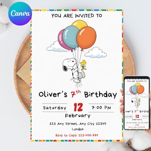 May include: A birthday invitation featuring Snoopy and Woodstock holding colorful balloons. The invitation reads "You are invited to Oliver's 7th Birthday" with the date, time, and location details. A smartphone displays the same invitation.
