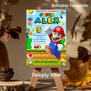 May include: A colorful birthday party invitation featuring a cartoon character. The invitation includes the text "Super Alex" and details for a 5th birthday celebration. The design incorporates elements like coins, stars, and balloons.