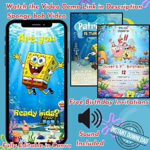 Könnte beinhalten: Eine digitale Geburtstagseinladungsvorlage mit SpongeBob Schwammkopf-Figuren in einer Unterwasserwelt. Das Design enthält Text wie Are you ready kids, Oliver's 7th Birthday und Veranstaltungsdetails, dargestellt auf einem Smartphone-Bildschirm.