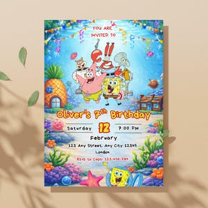 May include: A colorful birthday invitation featuring cartoon characters from a popular animated series. The invitation includes the text "You are invited to Oliver's 7th Birthday" with the date, time, and location details. The design has an underwater theme.